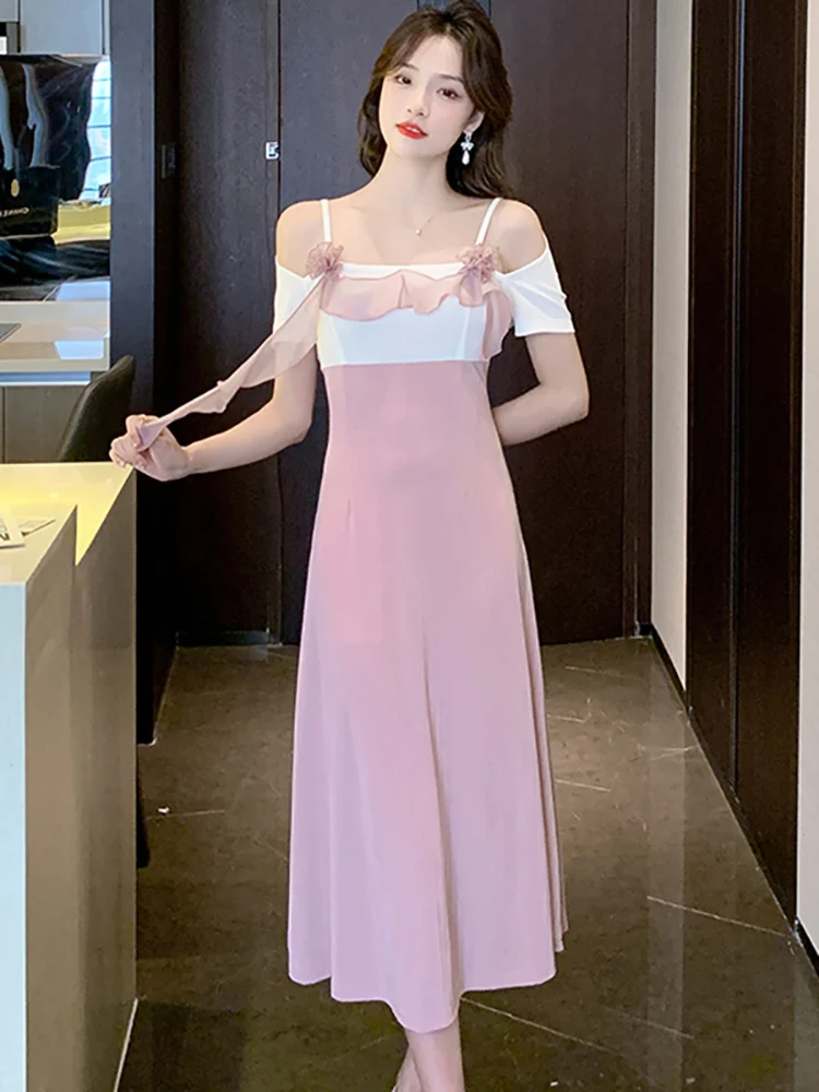 

Women Pink Fashion Patchwork Chic Ruffeld Sling Dress Summer Elegant Bodycon Sexy Long Dresses 2023 Korean New Features of Dress