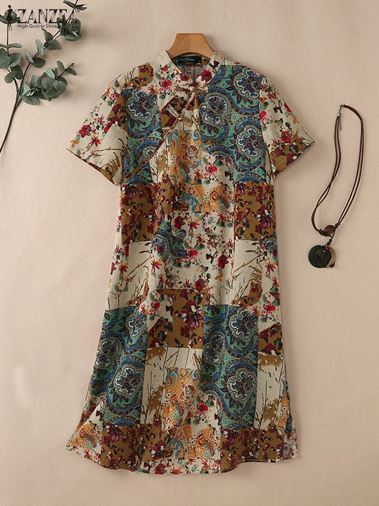 Летнее модное платье длиной до колена с коротким рукавом ZANZEA женский сарафан