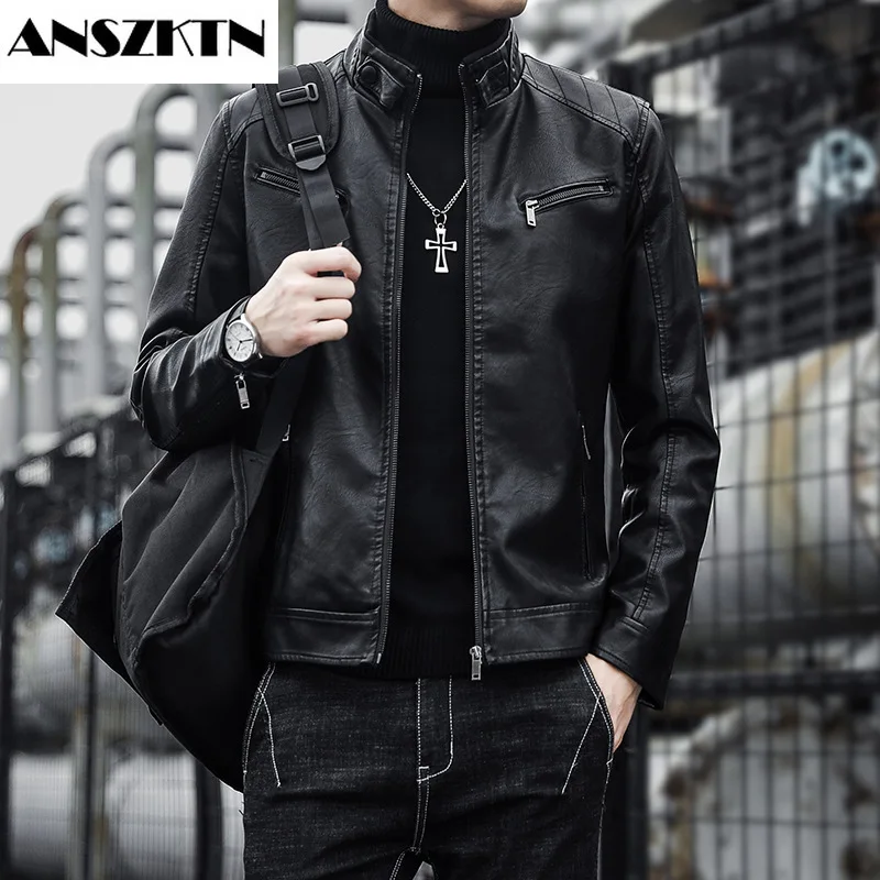 

ANSZKTN spring and fall men's motorcycle leather coat coat Korean slim fit trend handsome youth leisure PU leather coat