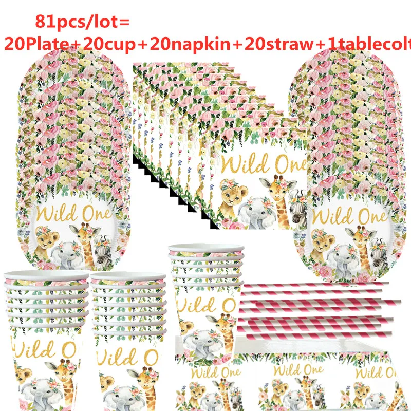 

Jungle Animal Tableware Set Wild One Birthday Party Decor Kids Girls Pink Forest Party Supplies Jungle Safari Theme Party Decor