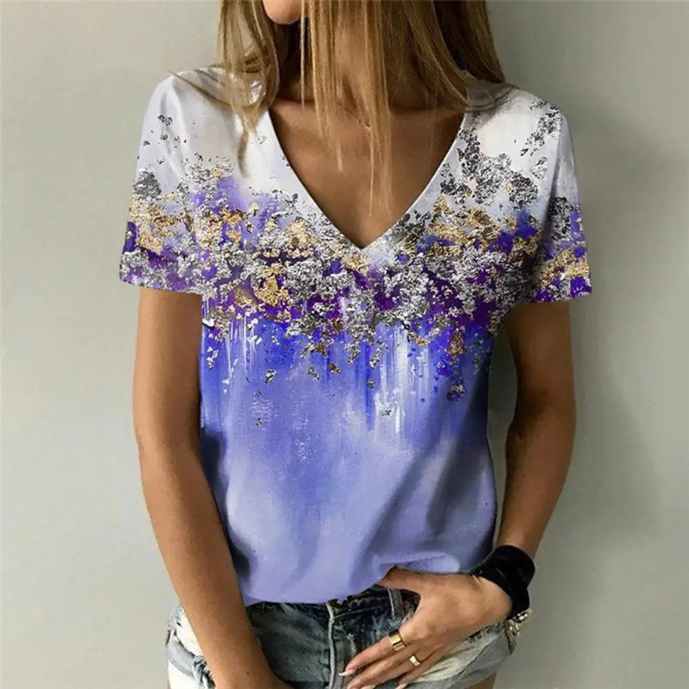 

Cozy Stylish Abstract Flower Printing Casual T-shirt Comfy Tee Shirt V-Neck Streetwear