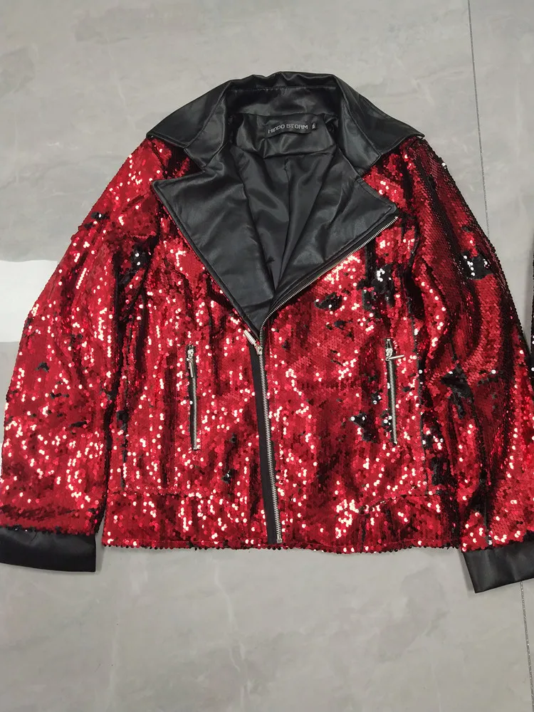Мужская куртка из искусственной кожи с красными блестками черная мотоциклетная