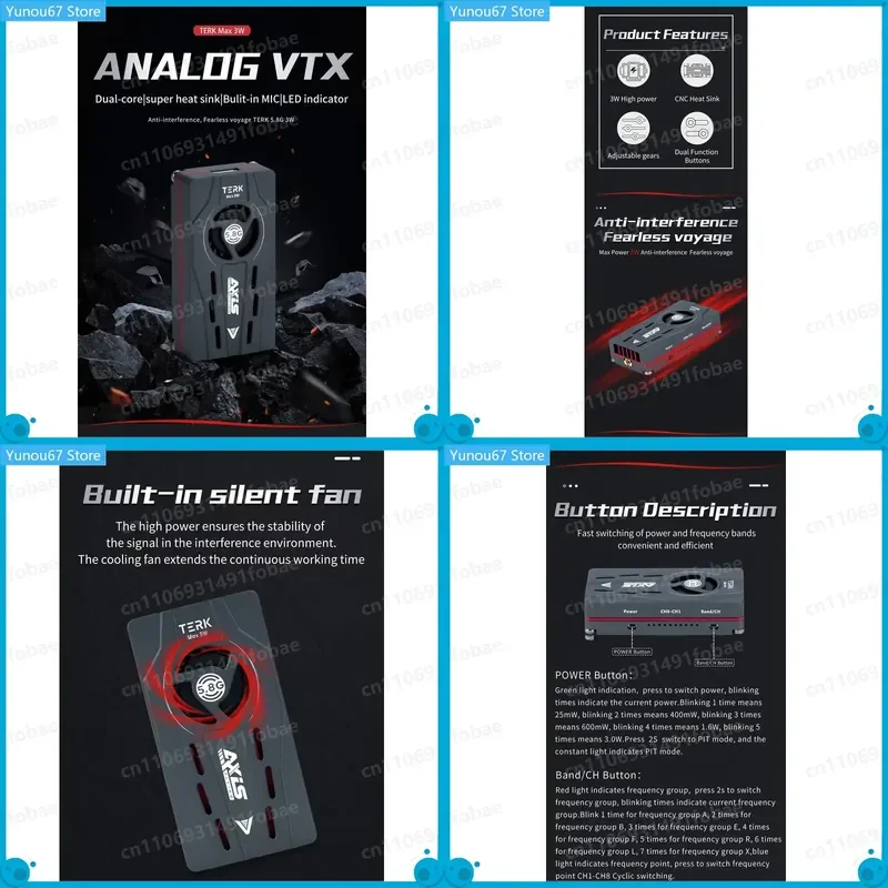 Фото Видеопередатчик Axisflying TERK Max 5.8G 3W VTX с радиатором из ЧПУ и кнопкой двойной функции для быстрого переключения между режимами питания и частотными диапазонами №1
