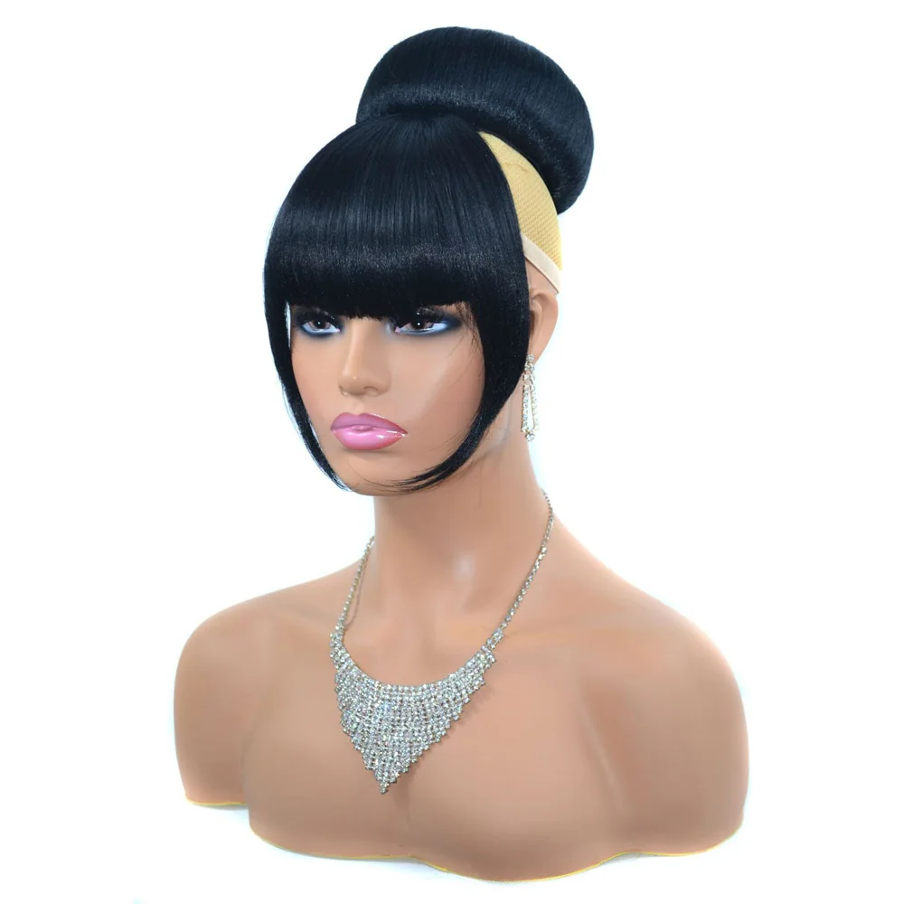 Jeedou Synthetic Spherical Updos Chignon With Bangs Clip In Hair Bun Pad Donut Rubber Band Hairpieces Black Color