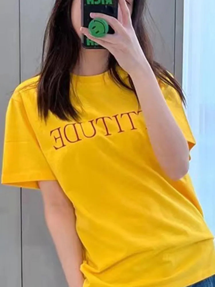 

Letter Printed Women Cotton T-shirt 2022 new Loose Short Sleeve Tees O-neck Top for Lady