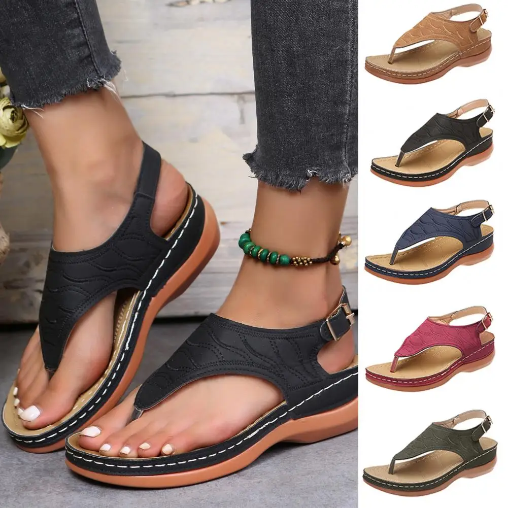 

Women Sandals Open Toe Strap Wedges Solid All Match Flip Flop Type Faux Leather Retro Anti-slip Roman Sandals for Beach