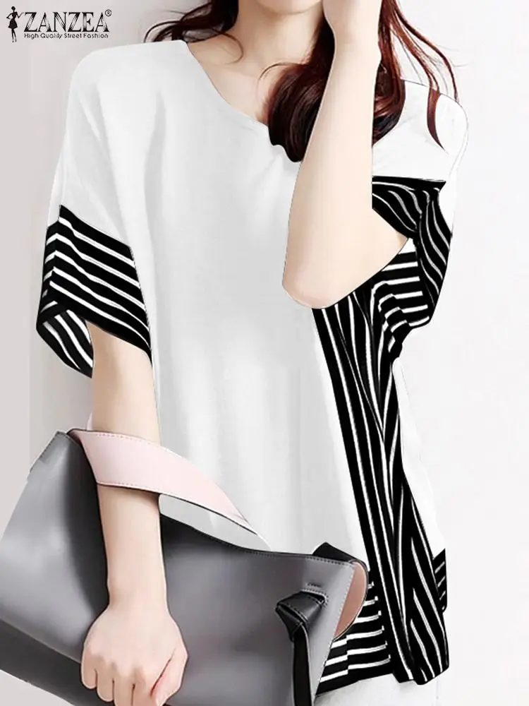 

Casual Loose Camisas Work Office Tunic Tops ZANZEA Stylish Women Shirts Summer Patchwork Striped Blouse Half Sleeve O Neck Blusa