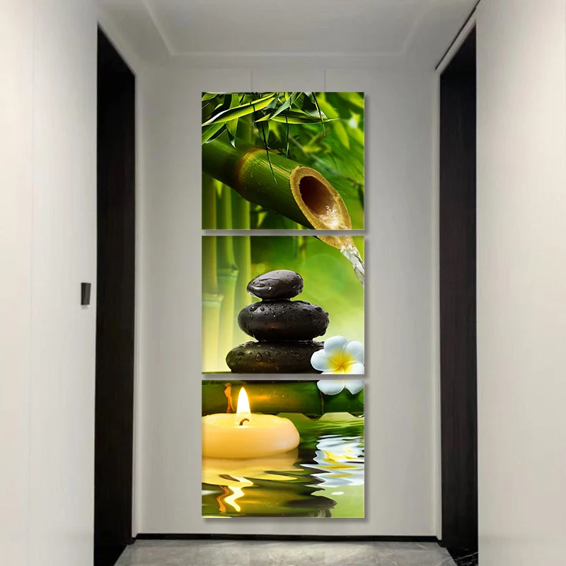 

Modular 3 Panels Bamboo Water Canvas Painting Candle Stone SPA Wall Art Poster Print For Living Room Porch Corridor Home Decor