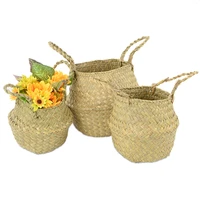 handmade straw basket home garden flower pot folding clothes laundry basket straw wicker rattan seagrass plant organizer basket