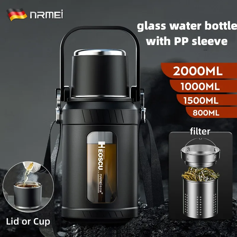 2 бутылки для воды с рукавом, стеклянные бутылки для воды с крышкой и ручкой, дорожная портативная герметичная посуда для напитков, стеклянная бутылка с вставками для мужчин