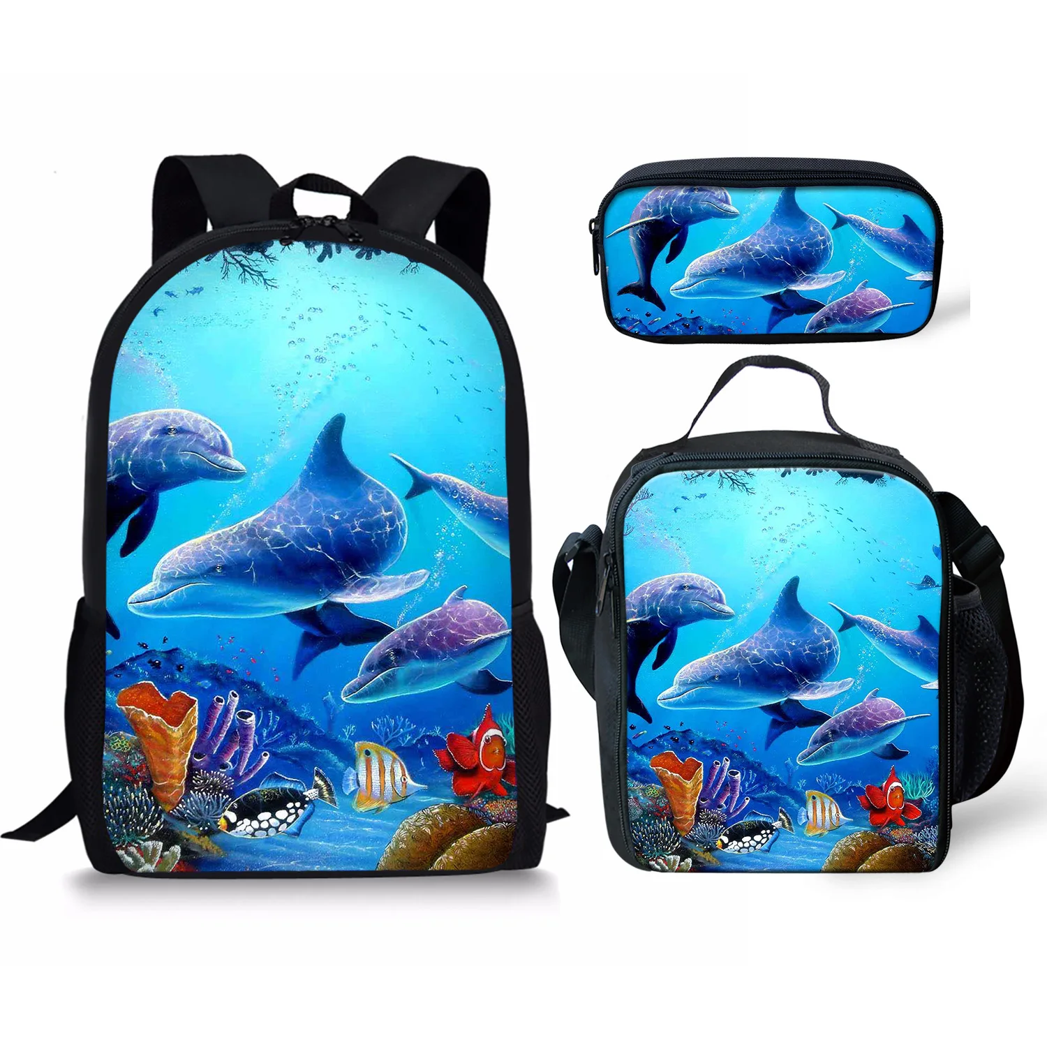 Underwater Dolphin Pattern School Bags Boys 3pcs Pencil Cases Lunch Food Children's  Backpack Student Rucksack Free Shipping