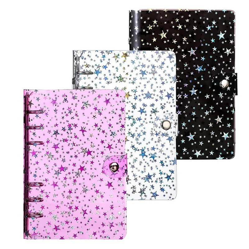 

3 Pieces A6 Notebook Binder Cover Star PVC Soft 6-Ring Binder Cover With Snap Button Closure Loose Leaf Folder Notebook
