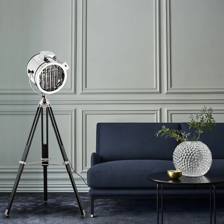 

Creative Retro Industrial Studio Wooden Metal Tripod Floor Lamp Silver Golden Floor Light Searchlight Living Decor Luminaire