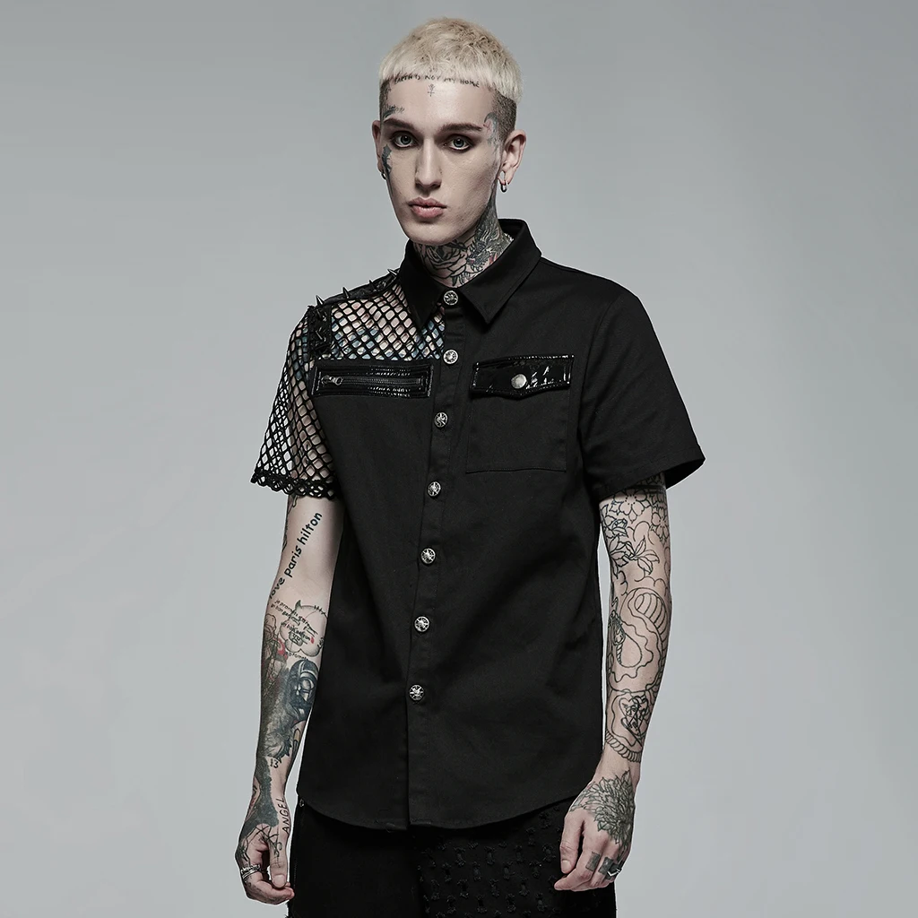 

PUNKRAVE Men's Blouses Punk Asymmetric Stitching Shirt Streert Style Personality Coarse Rhombus Mesh Summer Short Sleeve top