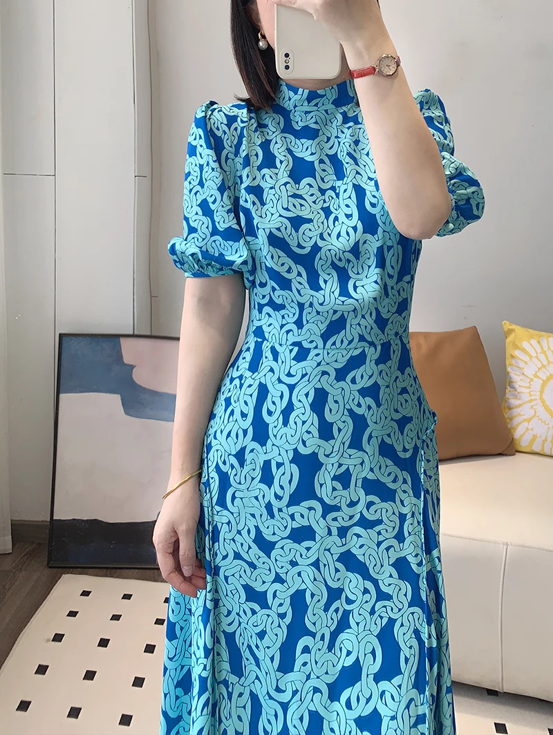 New Spring Collections Blue Printed Latten Sleeves Midi Dress US0-12