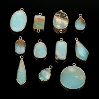 trendy natural amazonite gold plated edge charms pendant water drop oval round pendant for jewelry making diy necklace bracelets