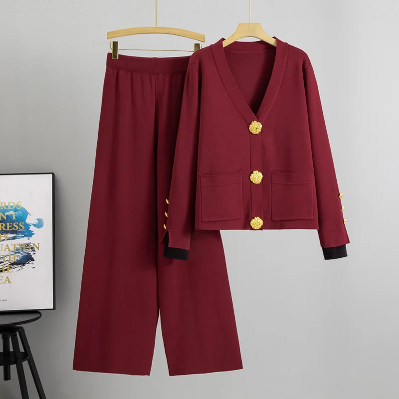Фото Fall Winter Warm Soft Knitted 2 Piece Sets Casual V-neck Cardigan Sweater Coats Tops Conjunto Elegant Wide Leg Pants Ensembles №5