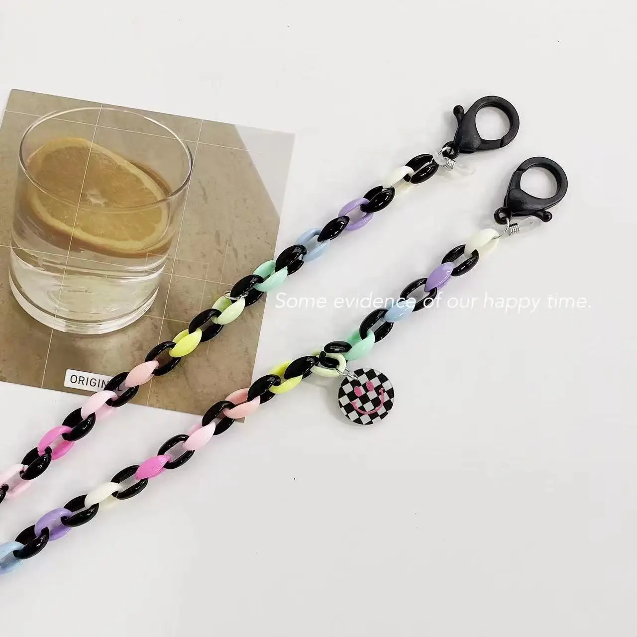 

New Style Korean Version Simple Cartoon Checked Smiley Face Acrylic Lanyard Necklace Glasses Chain