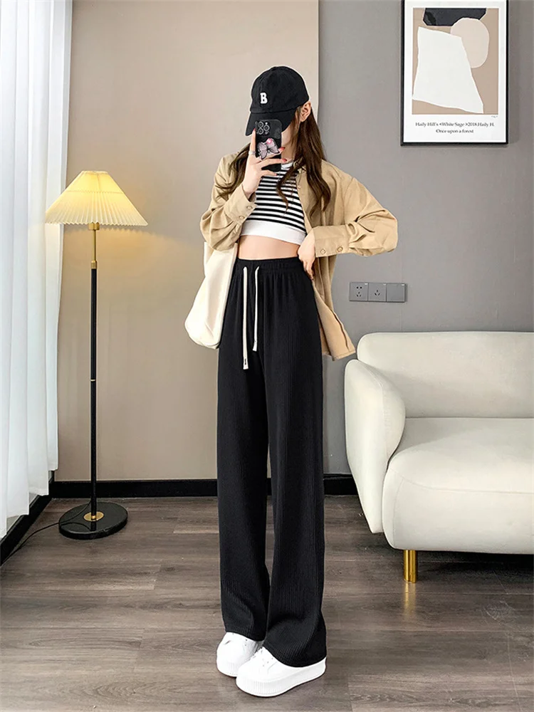Narrow Knitted Wide Leg Pants Women's 2023 Spring Summer New Straight Tube Casual Floor Dragging Pants