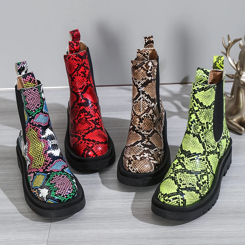 STRONGSHEN Women Leather Chelsea Boots Slip on Platform Shoes Men Fashion Colourful Ankle Boots Short Chunky Punk Shoes