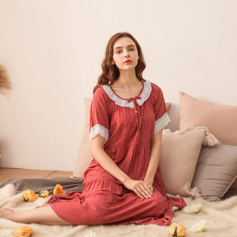 Spring Nightgowns for Women Cotton Floral Lace Short Sleeve Summer Comfort Nightdress New Spring Home Dressing Gown for Sleeping