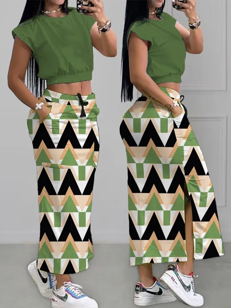 

Sets Outifits 2023 Cap Sleeve Top & Multi-Color Abstract Print Slit Skirt Set of Two Fashion Casual Pieces for Women Female