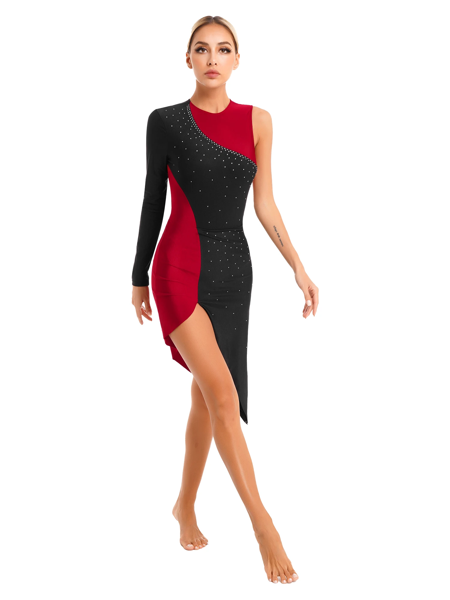 

Женский костюм для танго, джазовых танцев, блестящее цветное платье с одним плечом, круглым вырезом, длинным рукавом и асимметричным подоло...