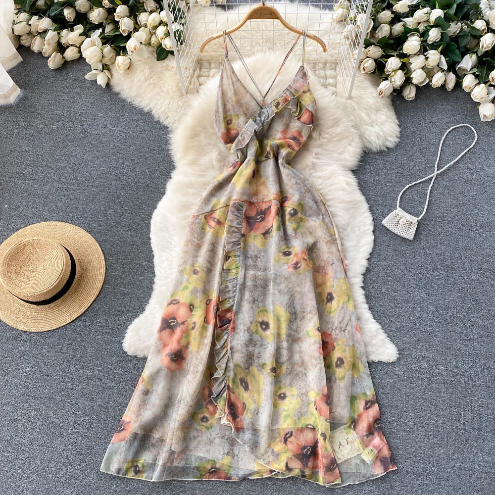 

New Fashion Women Summer Retro Sleeveless Flower Oil Painting Print Wooden Ear V-neck Backless Dress Sexy Clothes Vestidos E925