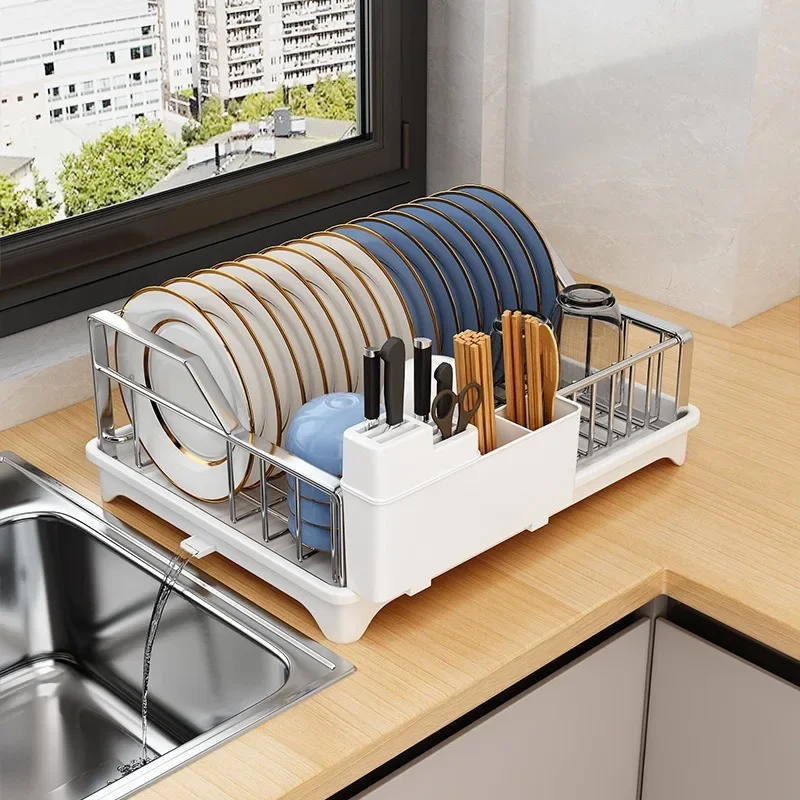 Large Stainless Steel Dish Drying Rack Kitchen Counter Plate Bowl Drainer with Plastic Board Tableware Organization and Storage
