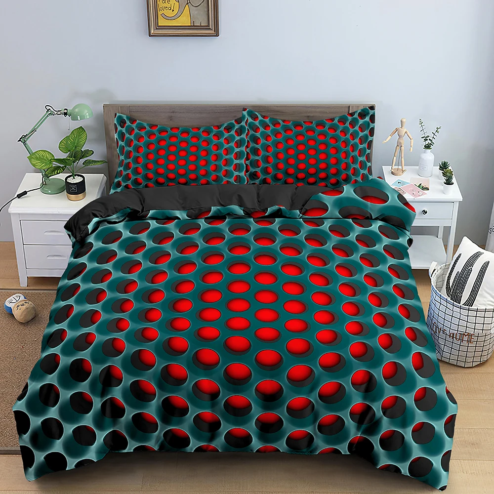 

Psychedelic Geometry Bedding Set 3D Duvet Cover Set King Size Quilt Cover With Pillowcase Black Red Dot Printed Comforter Cover