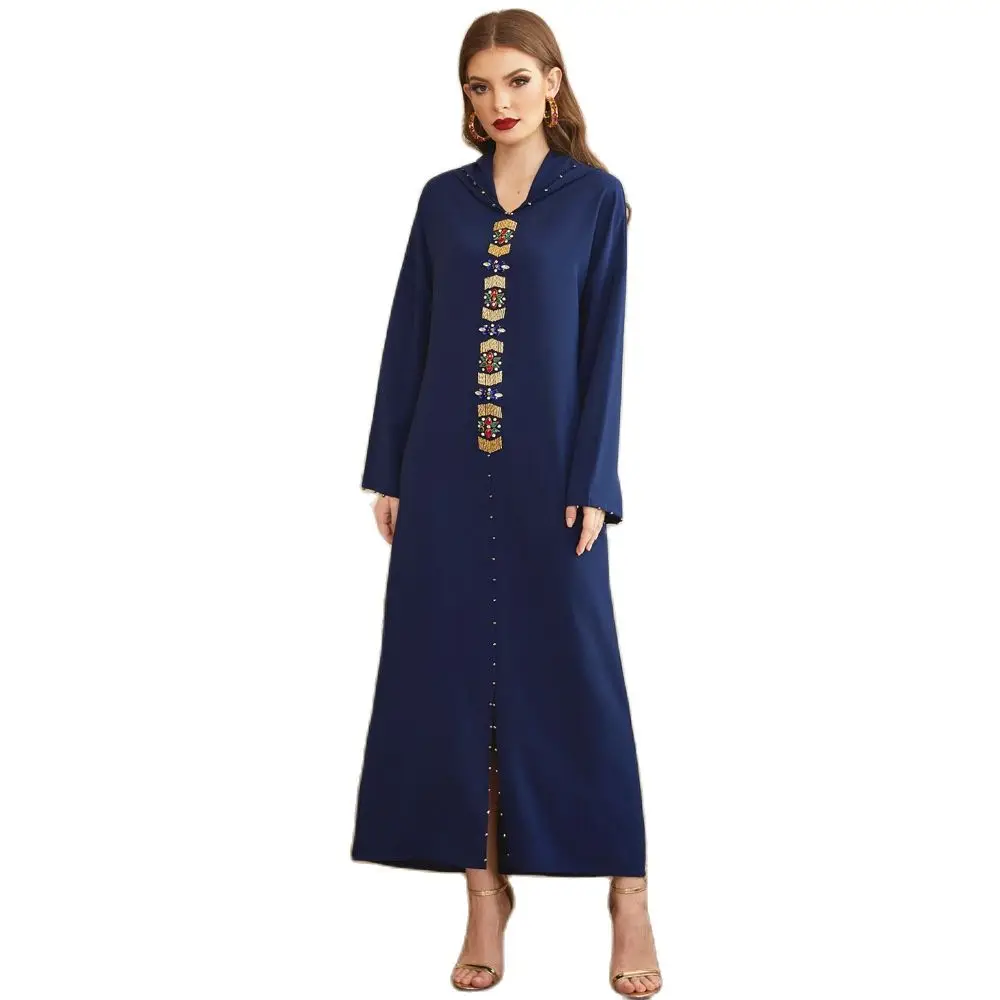 Ramadan Elegance Maxi Long Sleeve Women Clothing Islamic Dubai Abayas Morocco Muslim Satin Diamond Hooded Dress Vestidos