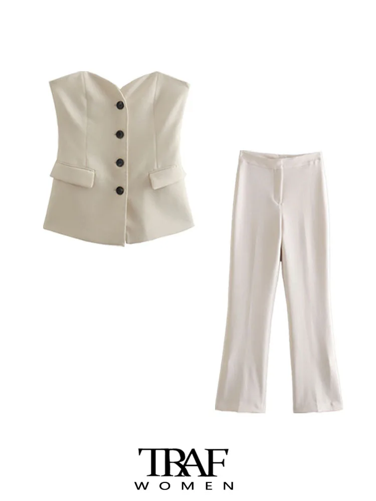 

TRAFWomen Fashion Front Button Strapless Bustier Tops And High Waist Zipper Straight Pants Female Two Piece Sets Mujer