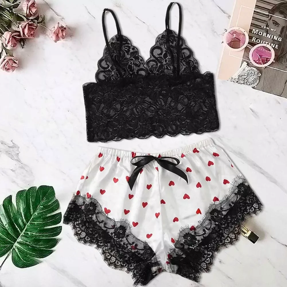

New Fashion Love Print Women Sleepwear Sexy Satin Pajama Set Female Lace V-Neck Pyjamas Sleeveless Lace Cami Top and Shorts Sets