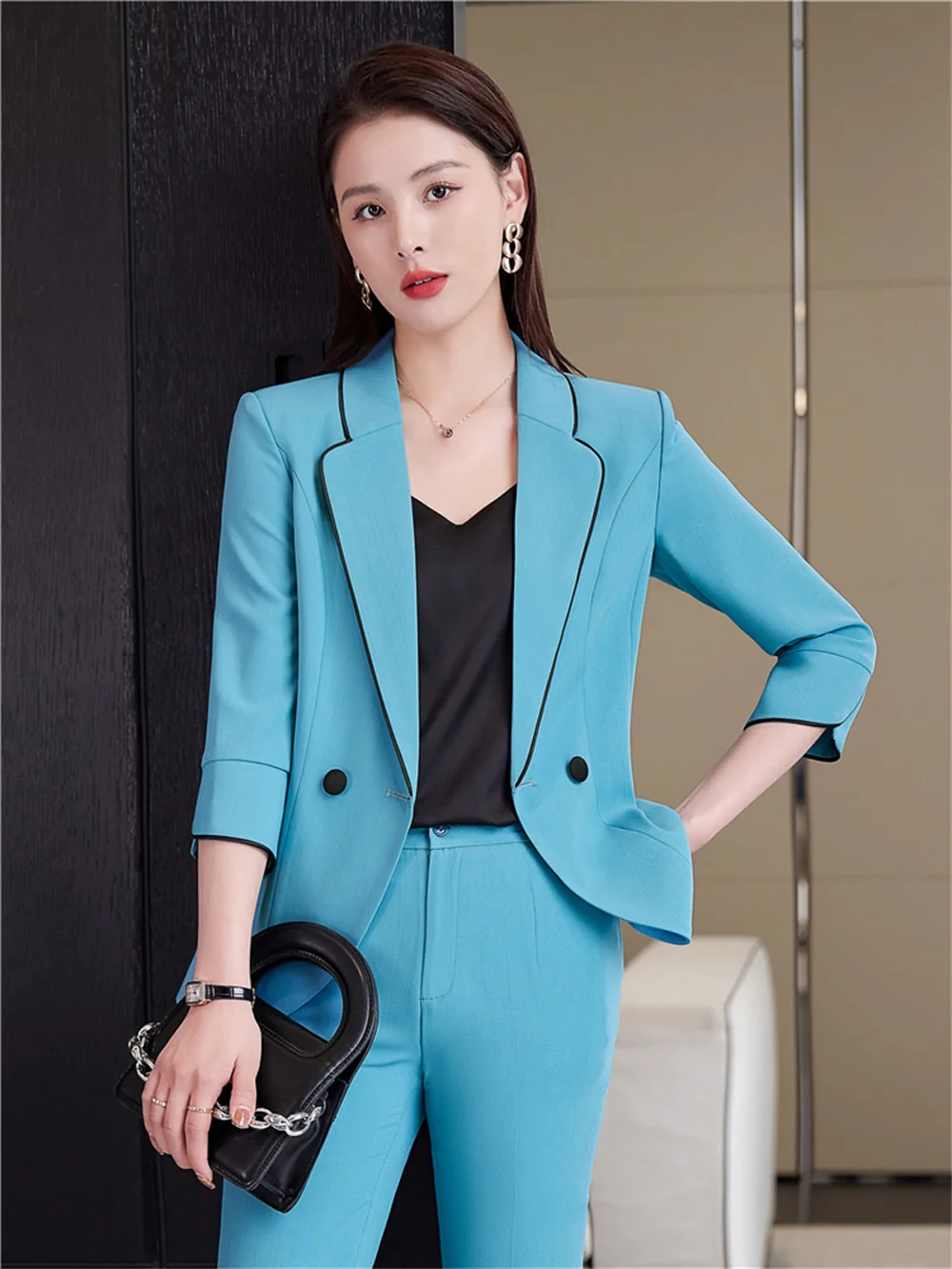 

Женский офисный комплект из двух предметов, синий деловой Блейзер и брюки, пиджак для работы и работы, официальный костюм для леди, 2023
