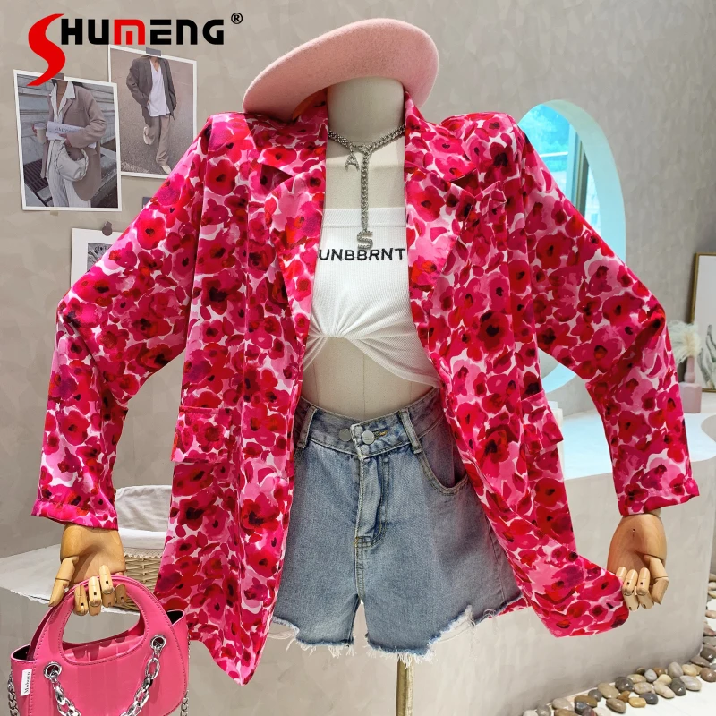 

Temperament Single-Breasted Print Long Sleeve Mid-Length Suit Loose Slimming Office Lady Blazer 2022 New Fall Women's Clothing