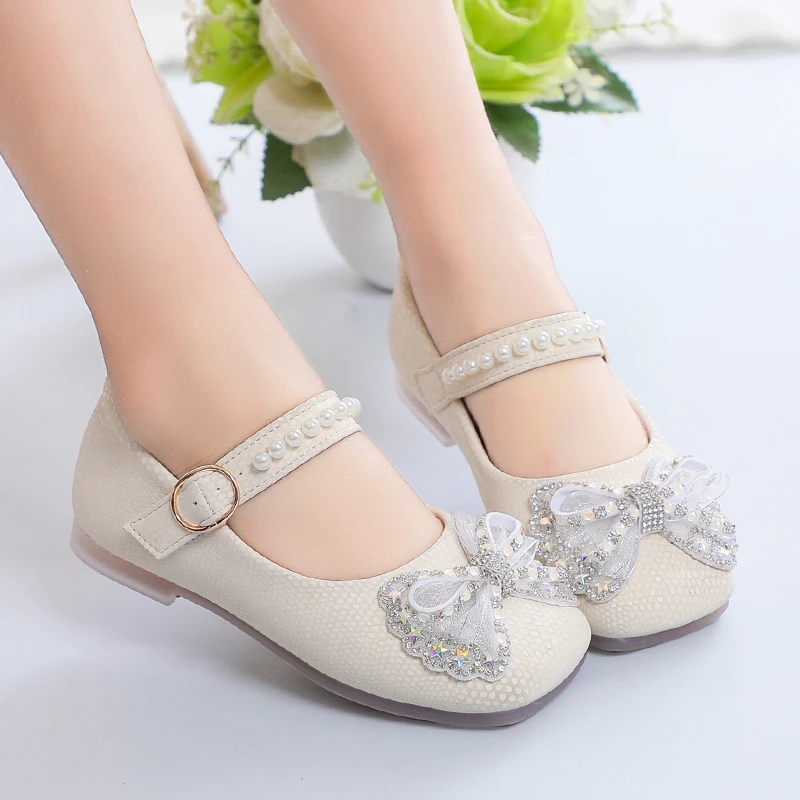

Girls Leather Shoes Toddlers Kids Big Children Dress Shoes Girls Sweet Glitter Bow-knot Pearls Beading Party Wedding Shoes