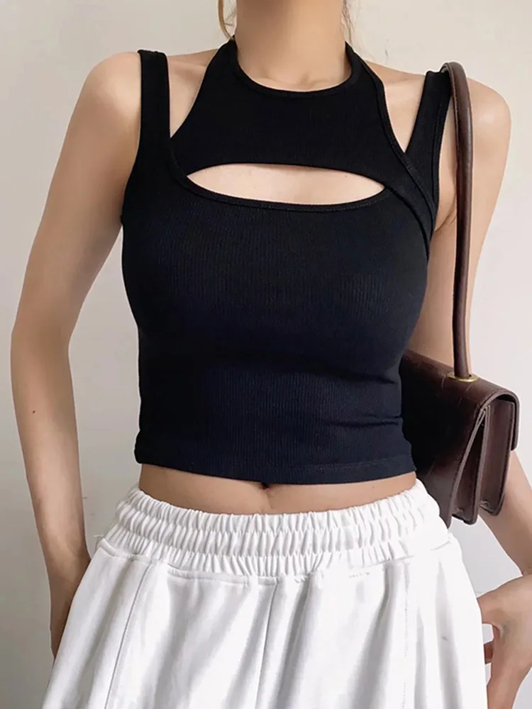 Asymmetrical Crop Top y2k E-girl Hollow Out Knitted Corset Sleeveless O Neck Mini Vest Basic Casual Sporty Summer
