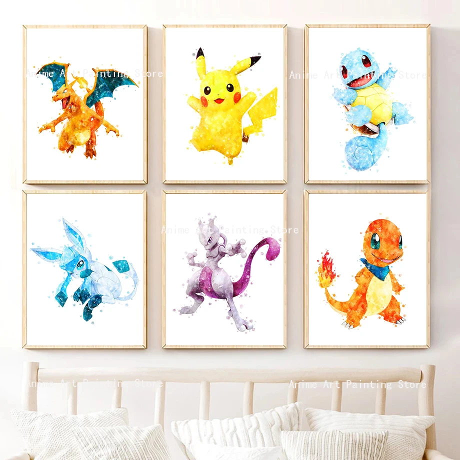 

Pokemon Watercolor Canvas Poster Japanese Anime Art Print Kids Bedroom Gifts Nursery Wall Art Living Room Home Decor Cudros