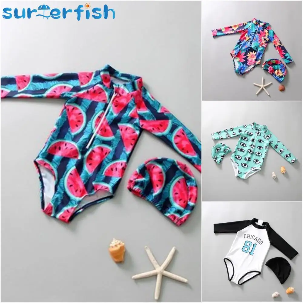 Cute Baby Girls Swimwear Swimsuit One Piece Body Suit Long Sleeve Beach New Summer Unicorn eyes Watermelon Beach Korea Style