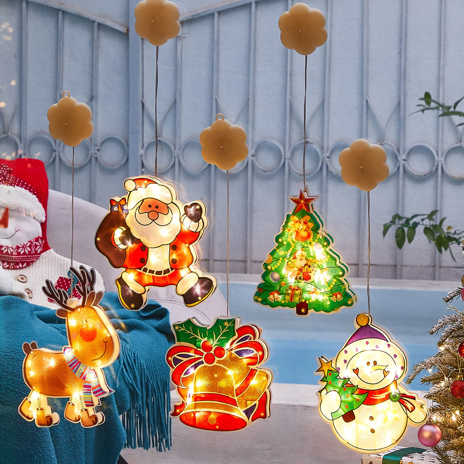 

Светодиодная Рождественская декоративная лампа в форме снеговика, Санта-Клауса, лося, лампа на присоске для окон, Новогоднее украшение для дома