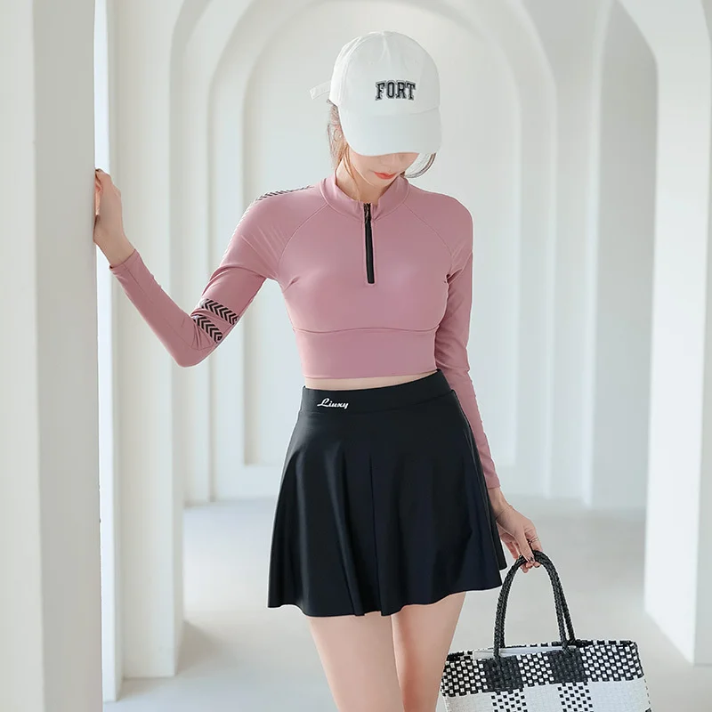 소프트불록  여성용 레터 프린트 투피스 수영복, 지퍼, 긴팔, 자외선 차단, 여름 비치웨어, 푸시업 수영복, 패션 