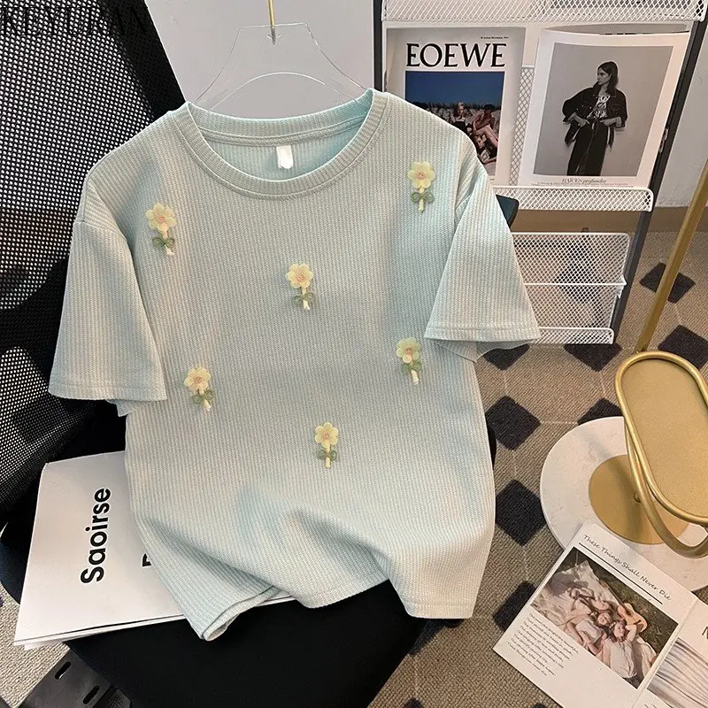 

2023 Summer New Flower Short Sleeve Sweater T-Shirt Women's Knitted T-Shirt Vintage Round Neck Thin Pullover Knitwear Tops Tees