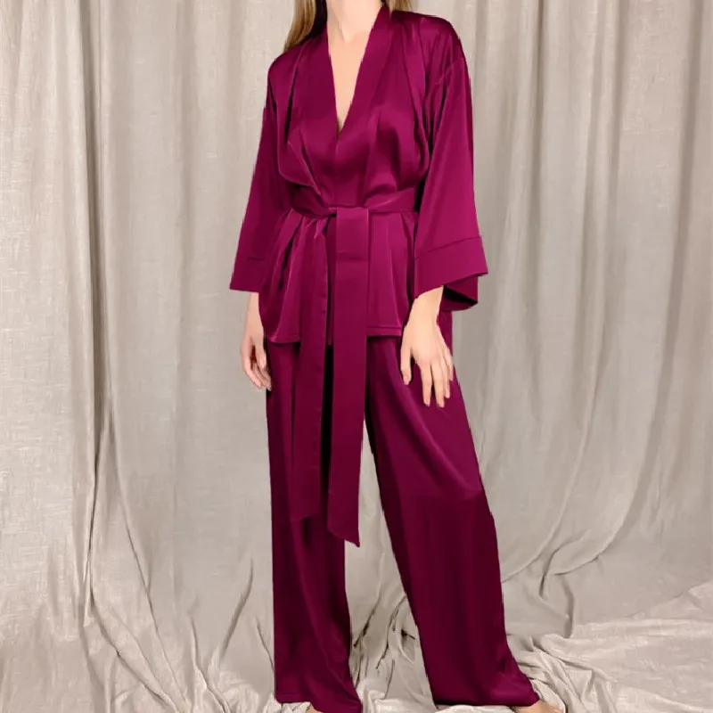 Autumn Long Sleeve Kimono Robe &Trousers Set  Women's  Solid Satin Silk With Sashes Pajama Suit Sleepwear Cardigan Big Size