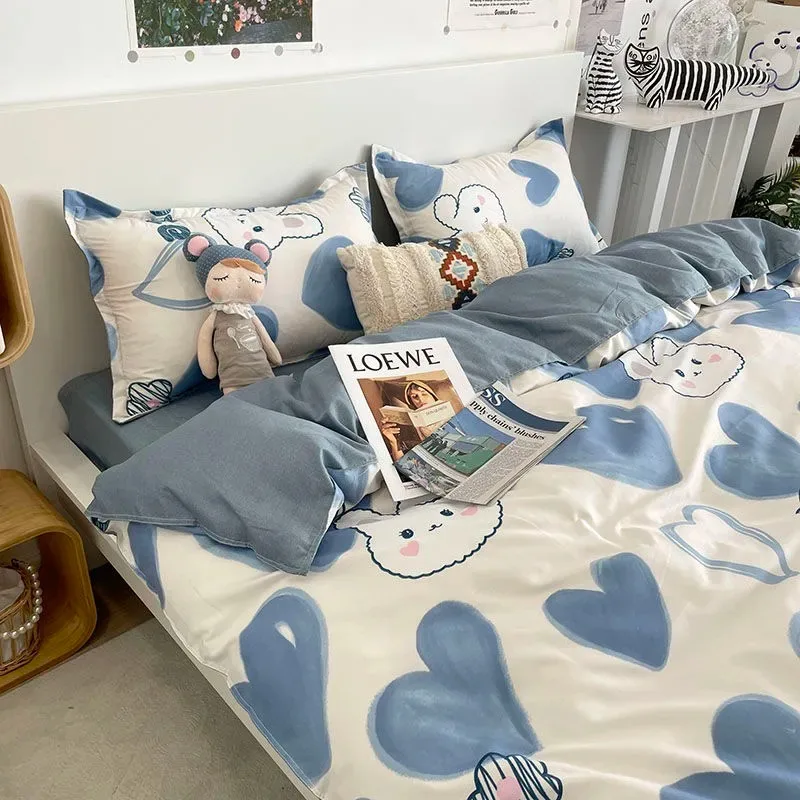 

Rabbit Bedding Set Cute Sweetheart Spring Soft Flat Sheet Duvet Cover Pillowcase Single Double Queen Size Bed Linen