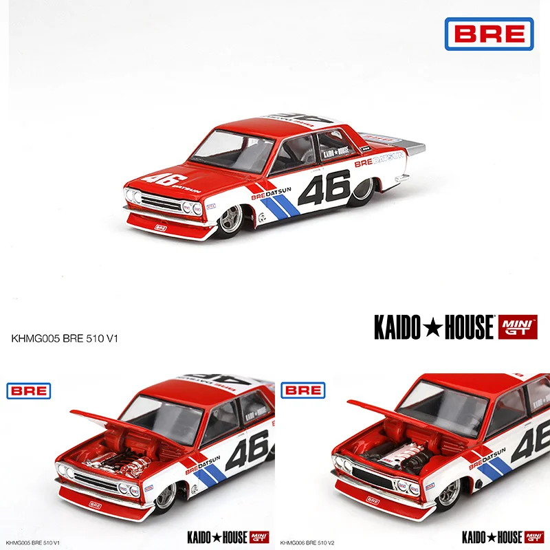 MINI GT 1:64 KAIDO HOUSE Datsun 510 Car Model Pro Street BRE510 V1 V2 Hood Opened Alloy Diorama Collection Miniature Carros Toys