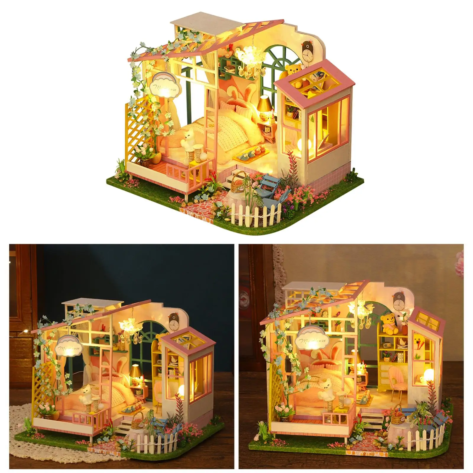 

Miniature Kit Doll House W/ LED Light & Furniture Set Self Assembled