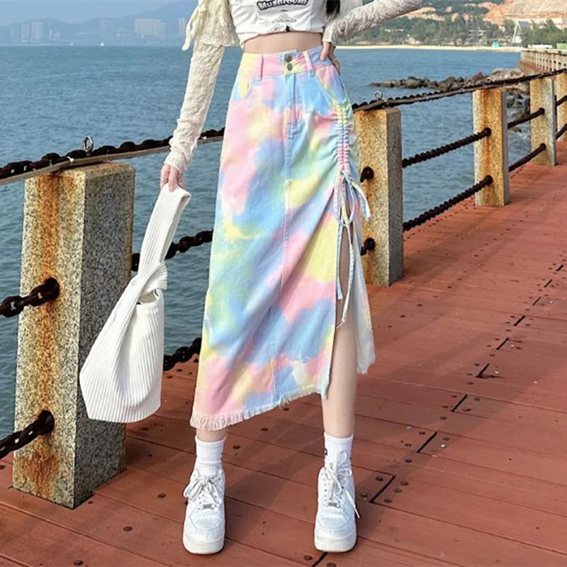 

Цветная юбка средней длины на шнуровке с завязками и высокой талией, Женская прямая трапециевидная юбка с разрезом в уличном стиле на лето