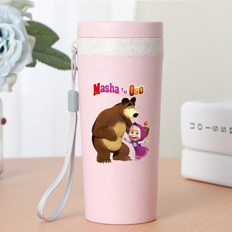 Фото Кружка для воды 350 мл с персонажами из мультфильма «Маша и Медведи», стеклянная, с кристальными наклейками, портативная, для студентов, милый дизайн, подарок для детей №4