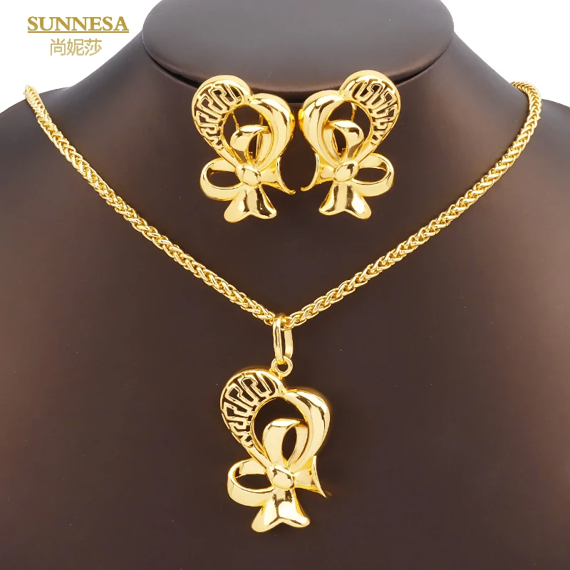 

SUNNESA Elegant Bowknot Shape Necklace Trendy 18k Gold Plated African Jewelry Sets For Women Clip Earrings Wedding Party Gift