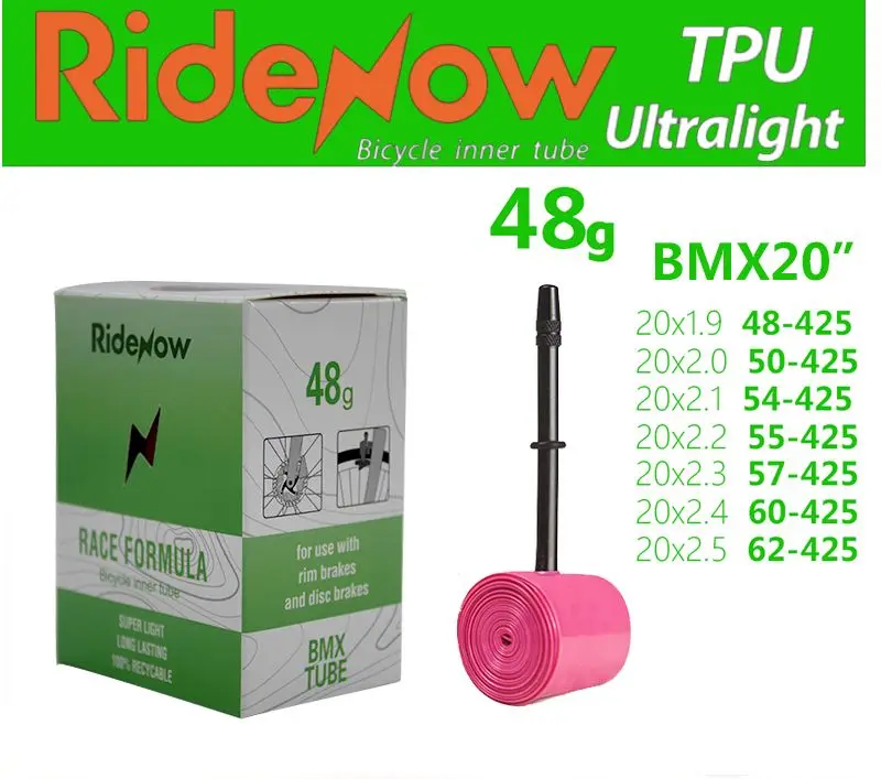 

RideNow BMX Bicycle TPU Inner Tube 20" inch 425 20x1.9 2.0 2.1 2.2 2.3 2.4 2.5 Tire 48g 45mm French Folding Bike Tyre